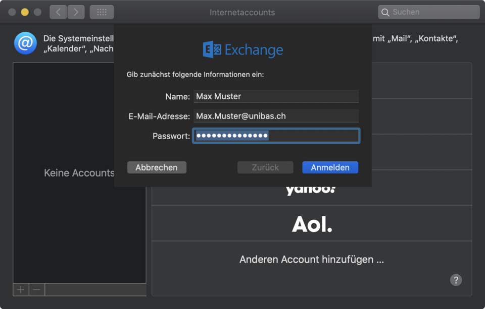 Exchange - Login window with password